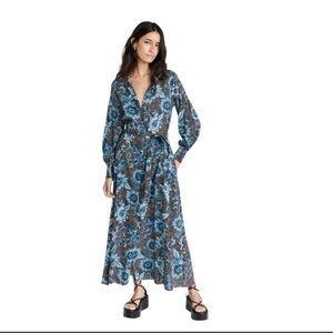 Misa Los Angeles Dress Bettina Maxi Shirt Dress Blue Pockets Collar NWT Size S